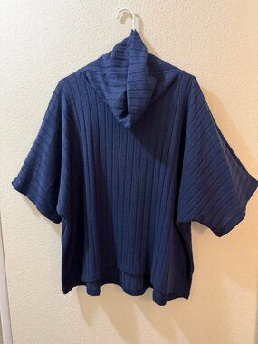 Navy Ribbed Short Sleeve Sweater Cowl Neck Top Size L
